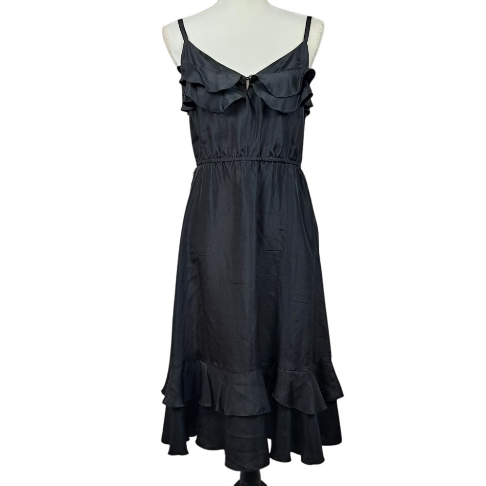 UO KIMCHI & BLUE 4 Black Silk Midi‎ Slip Dress Ruffle Spaghetti Straps Boho Goth